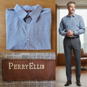 Perry Ellis Gray Checkered Dress Shirt | Men XL | 100% Cotton